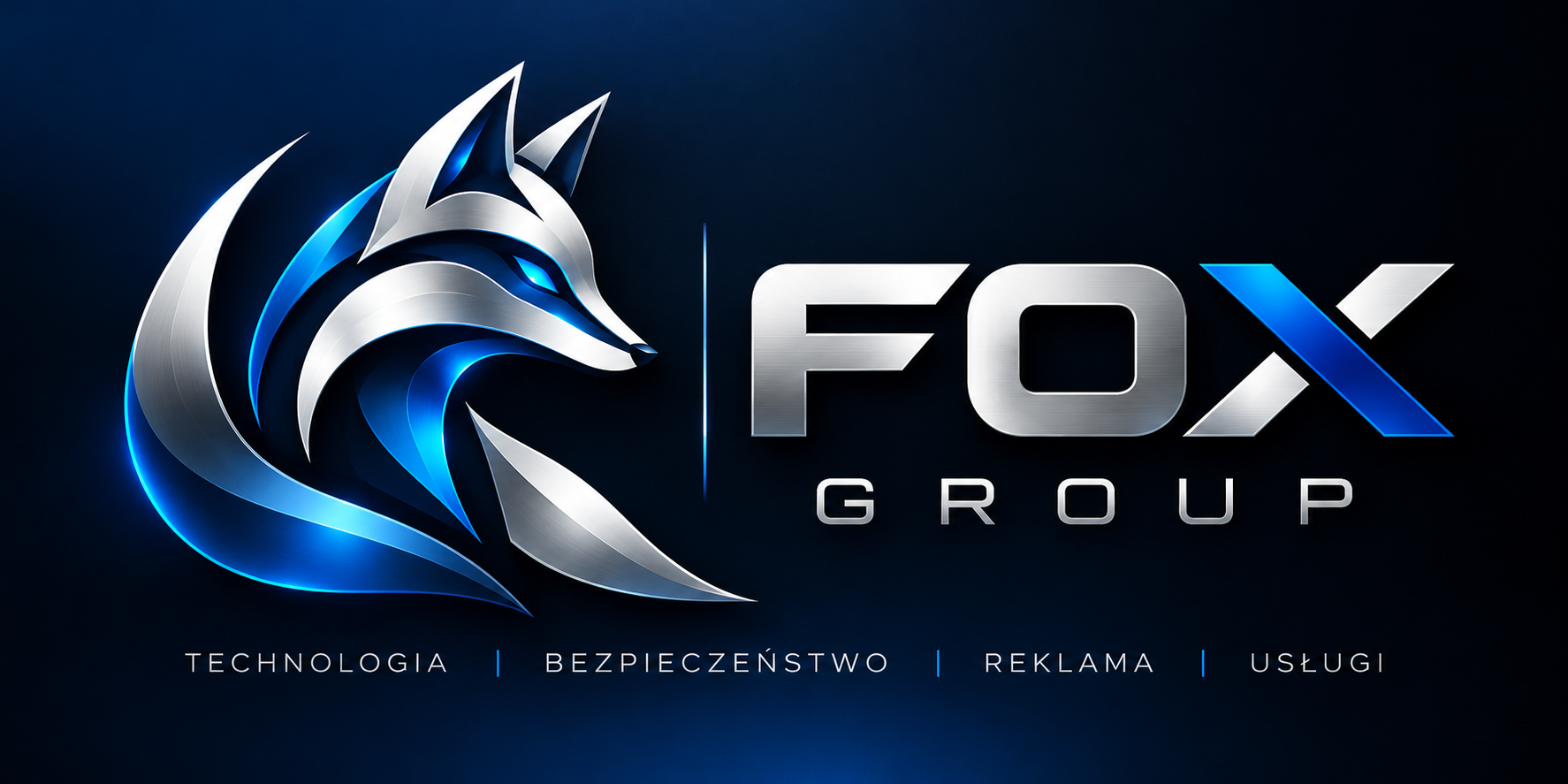 FOX GROUP — metaliczny lis oraz napis FOX GROUP, technologia, bezpieczeństwo, reklama i usługi